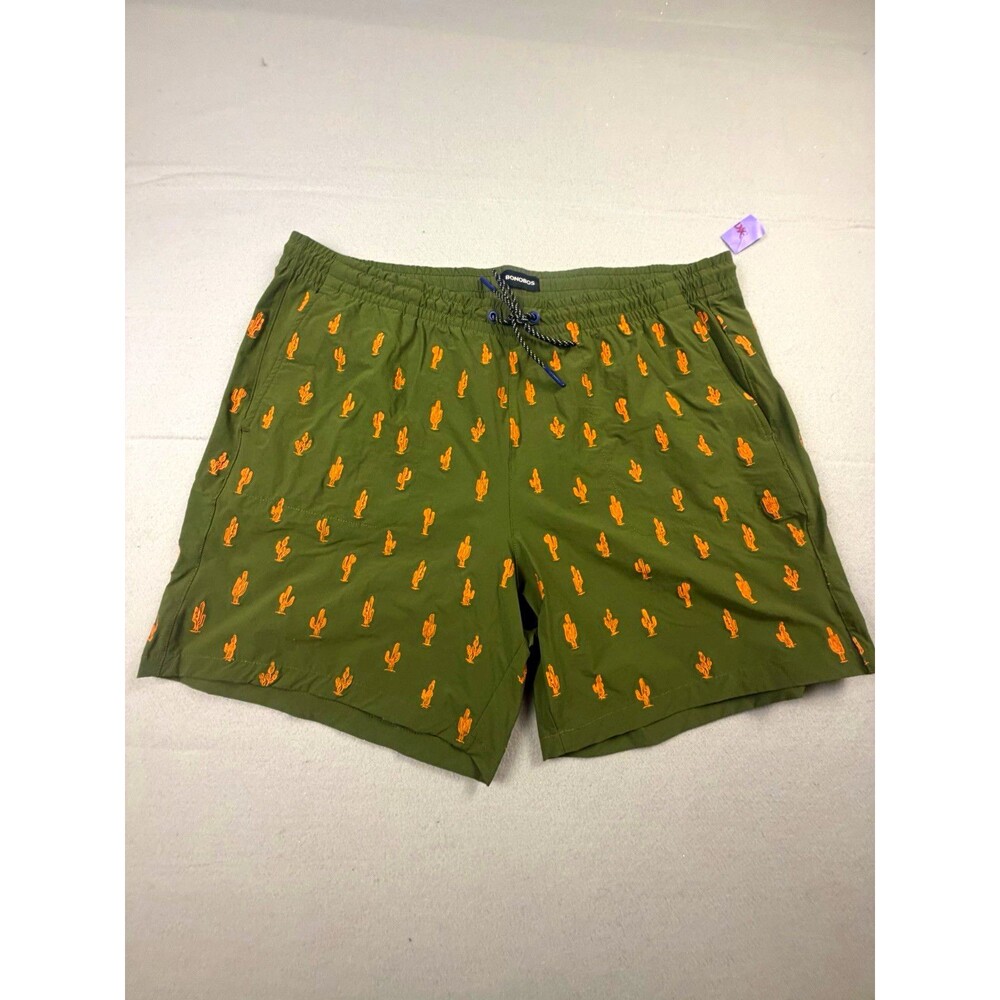 Bonobos Men's Swim Shorts Green Cactus Print Drawstring Elastic Waist 7" XXL